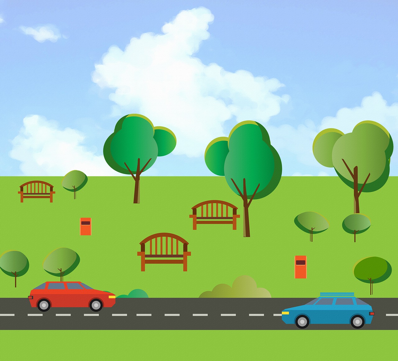 A stylized image of two cars driving on a road in front of a green park with trees